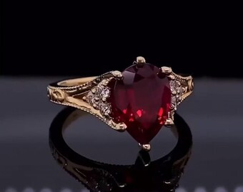 Art Deco 3 CT Red Ruby Pear Cut Ring: Diamond 10K Gold Engagement Ring