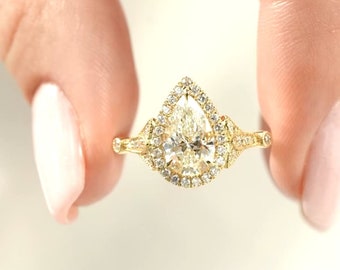 Ice Crushed Moissanite Pear Cut Engagement Ring: 14K Yellow Gold, 3 CT