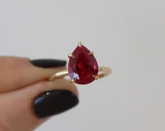 3 CT Red Pear Cut Ruby Diamond Ring: Solid Gold Anniversary Ring