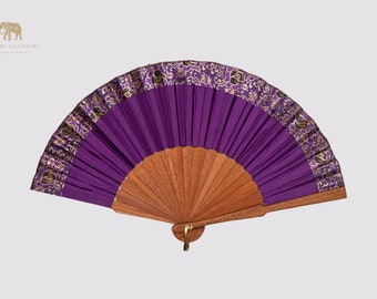 Abanico Artesanal Con Seda, Morado y Dorado, Abanico de madera y tela, abanico español, complementos de moda de verano.