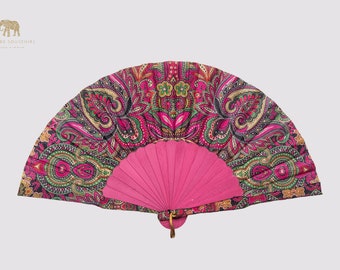 Éventail fait main avec soie, néon rose, Abanico de madera y tela, éventail espagnol, accessoires de mode d'été.