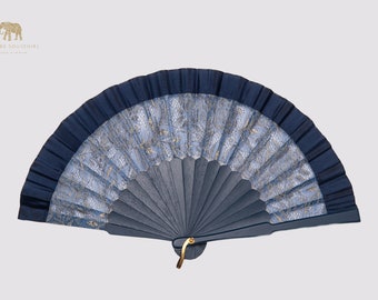 Handmade Fan With Silk, Dark Blue  , Abanico de madera y tela,   Spanish fan, Summer fashion accessories.