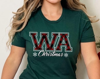 Washington Christmas T-Shirt, WA State Holiday Tee, Collegiate Buffalo Plaid, Christmas Family Party, Gift for Her, Home for the Holidays