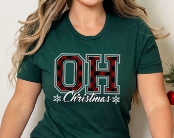 Ohio Christmas T-Shirt, OH State Holiday Tee, Collegiate Buffalo Plaid Text, Christmas Family Party, Gift for Her, Home for the Holidays