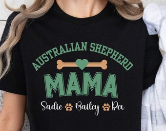 Australian Shepherd MAMA T-Shirt, Personalized Dog Lover Tee, Custom Pet Name Shirt, Dog Bone Heart Paw Print Top, Jersey Short Sleeve Tee