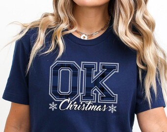 Oklahoma Christmas T-Shirt, OK State Holiday Tee, Collegiate Buffalo Plaid Text, Christmas Family Party, Gift for Her, Home for the Holidays