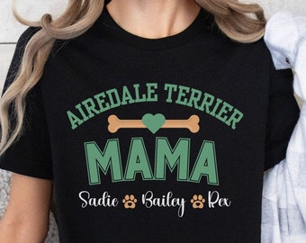 Airedale Terrier MAMA T-Shirt, Personalized Dog Lover Tee, Custom Pet Name Shirt, Dog Bone Heart Paw Print, Unisex Jersey Short Sleeve Tee