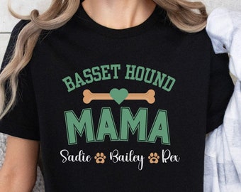 Basset Hound MAMA T-Shirt, Personalized Dog Lover Tee, Custom Pet Name Shirt, Dog Bone Heart Paw Print Top, Unisex Jersey Short Sleeve Tee