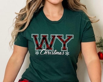 Wyoming Christmas T-Shirt, WY State Holiday Tee, Collegiate Buffalo Plaid Text, Christmas Family Party, Gift for Her, Home for the Holidays