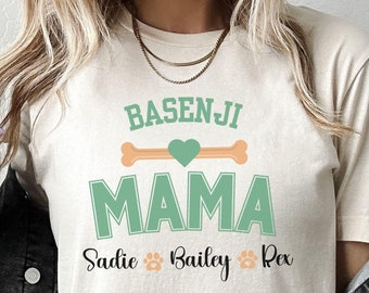 Basenji MAMA T-Shirt, Personalized Dog Lover Tee, Custom Pet Name Shirt, Dog Bone Heart Paw Print Top, Unisex Jersey Short Sleeve Tee
