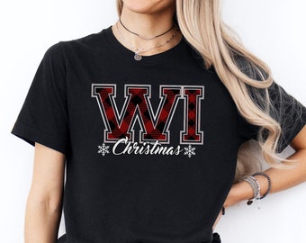 Wisconsin Christmas T-Shirt, WI State Holiday Tee, Collegiate Buffalo Plaid, Christmas Family Party, Gift for Her, Home for the Holidays