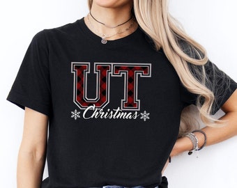 Utah Christmas T-Shirt, UT State Holiday Tee, Collegiate Buffalo Plaid Text, Christmas Family Party, Gift for Her, Home for the Holidays