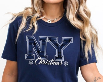 New York Christmas T-Shirt, NY State Holiday Tee, Collegiate Buffalo Plaid Text, Christmas Family Party, Gift for Her, Home for the Holidays