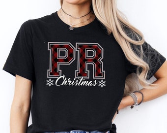 Puerto Rico Christmas T-Shirt, PR State Holiday Tee, College Buffalo Plaid Text, Christmas Family Party, Gift for Her, Home for the Holidays