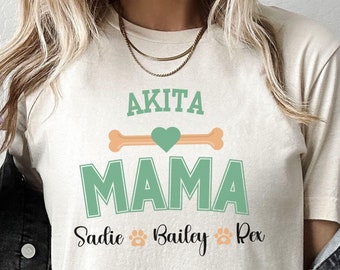 Akita MAMA T-Shirt, Personalized Dog Lover Tee, Custom Pet Name Shirt, Dog Bone Heart Paw Print Top, Unisex Jersey Short Sleeve Tee