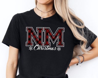 New Mexico Christmas T-Shirt, NM State Holiday Tee, College Buffalo Plaid Text, Christmas Family Party, Gift for Her, Home for the Holidays