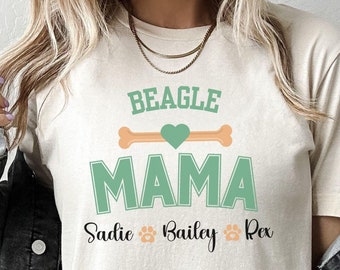 Beagle MAMA T-Shirt, Personalized Dog Lover Tee, Custom Pet Name Shirt, Dog Bone Heart Paw Print Top, Unisex Jersey Short Sleeve Tee