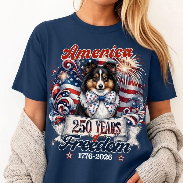 Camiseta Sheltie del 250 aniversario de Estados Unidos, camiseta patriótica de 250 años de libertad, celebración del 4 de julio, Día de la Independencia, camiseta Comfort Colors 1717
