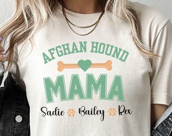 Afghan Hound MAMA T-Shirt, Personalized Dog Lover Tee, Custom Pet Name Shirt, Dog Bone Heart Paw Print Top, Unisex Jersey Short Sleeve Tee