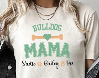 Bulldog MAMA T-Shirt, Personalized Dog Lover Tee, Custom Pet Name Shirt, Dog Bone Heart Paw Print Top, Unisex Jersey Short Sleeve Tee