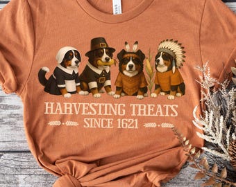 Fall Bernese Mountain Dog T-Shirt, First Thanksgiving, Autumn Shirt, Mom Gift, Crew Neck Funny Dog Tee, Harvest Treats, Holiday Women's Tee