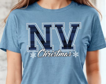 Nevada Christmas T-Shirt, NV State Holiday Tee, Collegiate Buffalo Plaid Text, Christmas Family Party, Gift for Her, Home for the Holidays