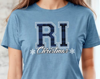 Rhode Island Christmas T-Shirt, RI State Holiday Tee, Collegiate Buffalo Plaid, Christmas Family Party, Gift for Her, Home for the Holidays