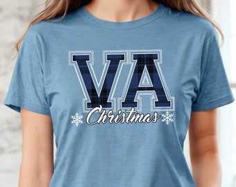 Virginia Christmas T-Shirt, VA State Holiday Tee, Collegiate Buffalo Plaid Text, Christmas Family Party, Gift for Her, Home for the Holidays