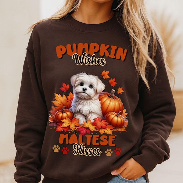 Maltese Fall Pumpkin Sweatshirt, Thanksgiving Autumn Leaves Shirt, Dog Lover, Holiday Gift for Her, Women's Sweater, Long Sleeve Crewneck
