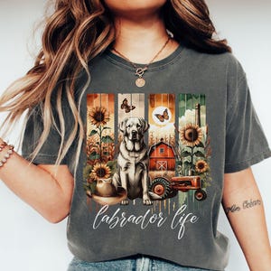 May include: A grey t-shirt featuring a graphic design of a white Labrador Retriever standing in a field with sunflowers, a red barn, and a tractor. The text "labrador life" is printed below the graphic.