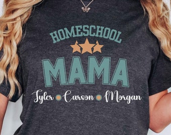 Custom Homeschool MAMA T-Shirt, Personalized Tee with Children's Names, Collegiate Style, Mother's Day Gift for Her, Back to School Shirt