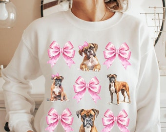 Pink Coquette Boxer Dog Sweatshirt, Cute Pink Bows, Dog Lover Gift for Her, Soft Girl Era Shirt, Ribbon Sweatshirt, Gift for Women, Mom Gift