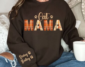 Cat Mama Fall Sweatshirt, Custom Cat Mom Shirt, Cat Lover Gift, Women's Autumn Sweatshirt, Thanksgiving Plaid Shirt, Personalized Mom Gift