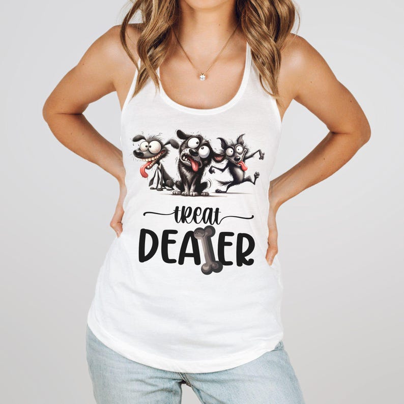 May include: White tank top featuring a playful graphic of three cartoon dogs with their tongues out. Below the dogs is the text "treat DEALER" with a bone graphic. The tank top is sleeveless.