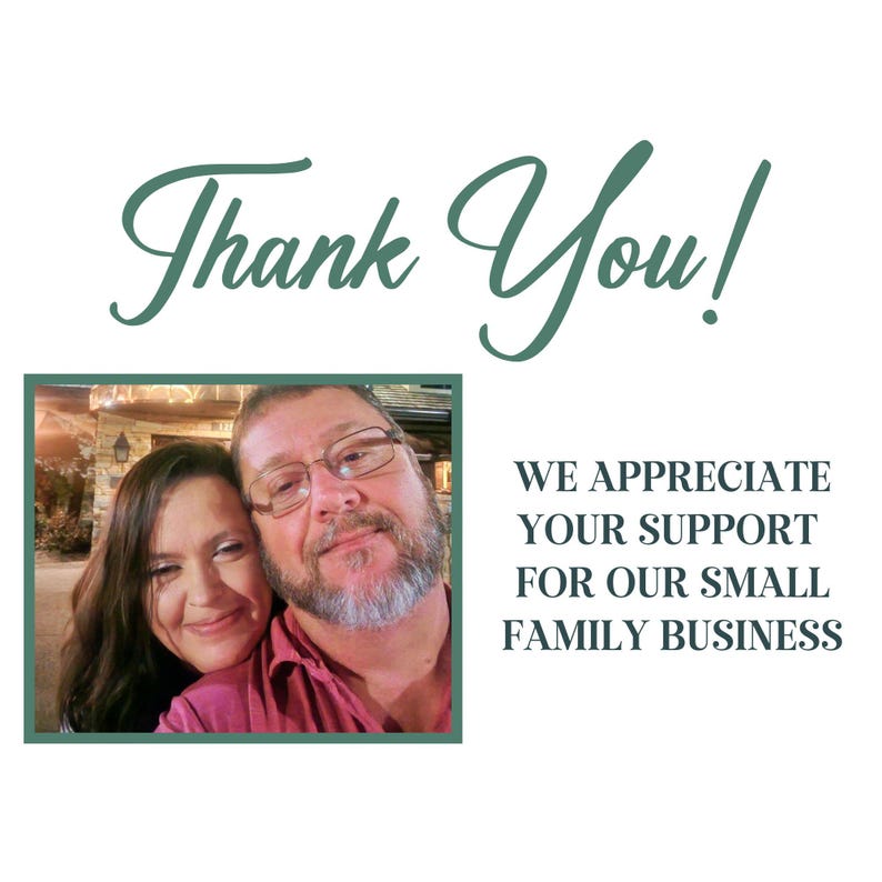 May include: Image with the words "Thank You!" in a script font. Below is a photo of a smiling couple. Text reads "We appreciate your support for our small family business."