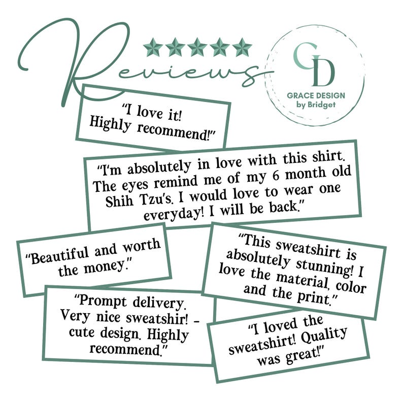 May include: A white background with customer reviews in green text boxes. The reviews include phrases like "I love it!", "Beautiful and worth the money", and "Prompt delivery." A logo with the initials "CD" and the words "GRACE DESIGN by Bridget" is also visible.