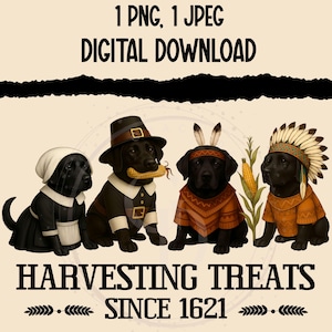 Pode incluir: Gráfico digital com quatro Labradores pretos vestidos com fantasias de Ação de Graças. Um cão usa uma fantasia de peregrino, outro um cocar nativo americano, e os outros usam roupas inspiradas em peregrinos e nativos americanos. O texto diz "Harvesting Treats Since 1621."