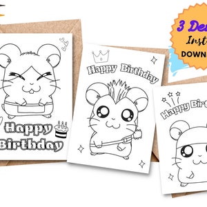 PRINTABLE Happy Birthday Hamster Coloring Card | Color your own DIY birthday card | Digital DOWNLOAD | Coloring birthday cards for kids |