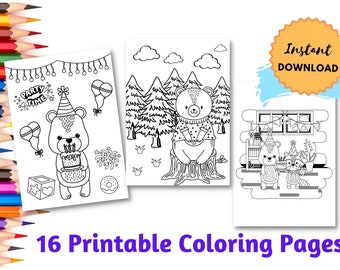 May include: A set of 16 printable coloring pages featuring cute bears celebrating a birthday. The pages include a bear with a birthday cake, a bear in a forest, and a bear with a raccoon.