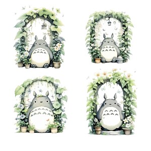 May include: Four watercolor illustrations of a gray, furry creature with large eyes and a wide mouth, standing in a leafy archway. The creature is surrounded by green vines and white flowers.