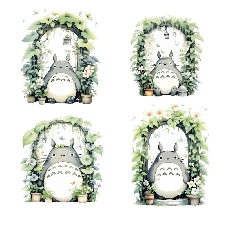 May include: Four watercolor illustrations of a gray, furry creature with large eyes and a wide mouth, standing in a leafy archway. The creature is surrounded by green vines and white flowers.