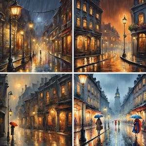 Rainy Street Night Scene Clipart Art 20 Watercolor Rainy Evening Printable JPGs for Junk Journaling, Scrapbooking, Digital Download