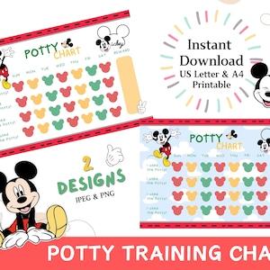 May include: Two potty training charts with Mickey Mouse designs. Each chart features a grid with days of the week and spaces for tracking progress. The charts include the text "Potty Chart" and "I used the Potty!" in a playful font.