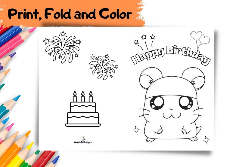PRINTABLE Happy Birthday Hamster Coloring Card | Color Your Own DIY ...
