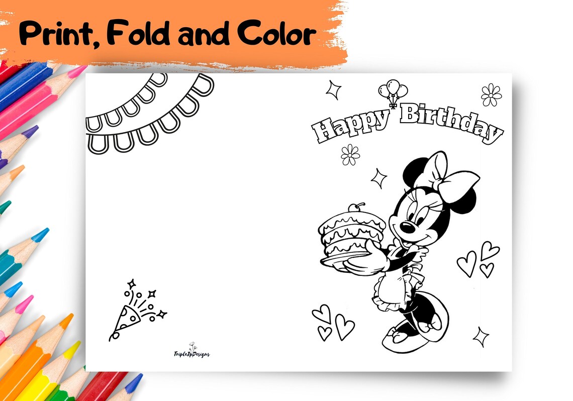 PRINTABLE Happy Birthday Minnie Coloring Card | Color Your Own DIY ...