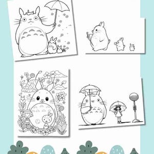 May include: Black and white coloring page featuring a cartoon character from the movie My Neighbor Totoro. The character is a fluffy, round creature with large ears and a big smile. There are several different scenes featuring the character in different settings, including a forest, a garden, and a city street.