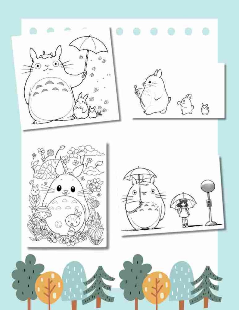 May include: Black and white coloring page featuring a cartoon character from the movie My Neighbor Totoro. The character is a fluffy, round creature with large ears and a big smile. There are several different scenes featuring the character in different settings, including a forest, a garden, and a city street.