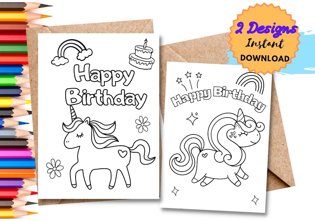PRINTABLE Happy Birthday Unicorns Coloring Card | Color Your Own DIY Birthday Card | Digital ...
