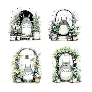May include: Four watercolor illustrations of a gray and white Totoro character sitting in front of a leafy archway. Each illustration features different foliage and a birdhouse.