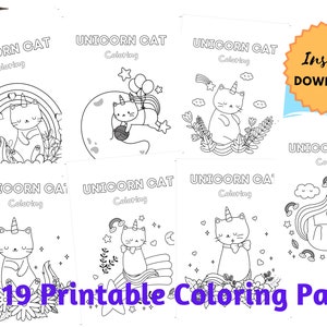 19 PRINTABLE Unicorn Cat Coloring Pages  | birthday Party Activity, PDF | Digital DOWNLOAD |